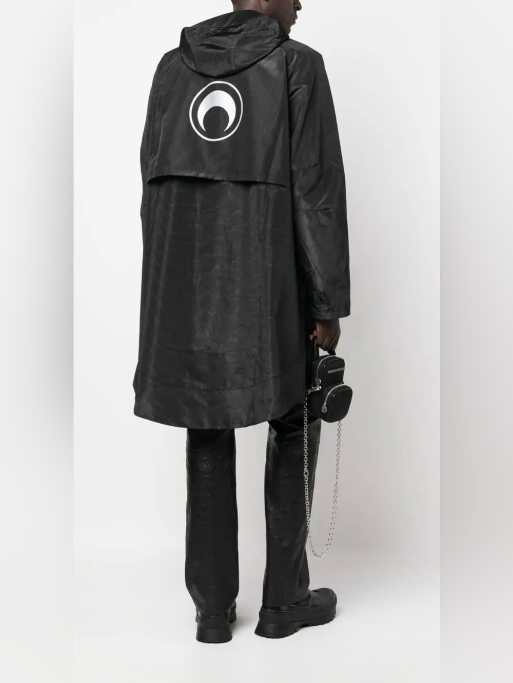Marine Serre Black Hooded Trench Coat with Reflective Crescent Logo